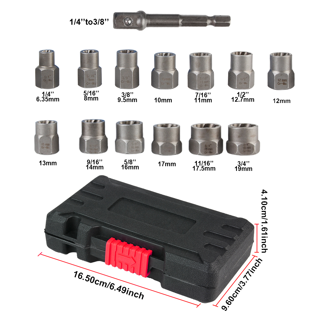 Bolt Nut Remover Socket Set Damaged Screw Extractor 14pcs Cr-Mo Steel Hand Tools 6.35mm-19mm Car Tool Kit