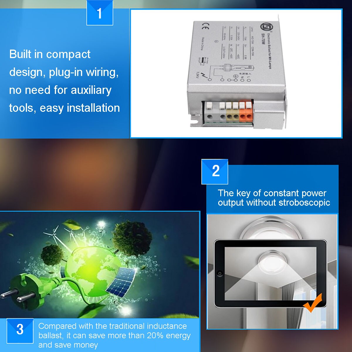 35W 50W 70W Electronic Ballast For Reptile UVB Metal Hanlide Bulb