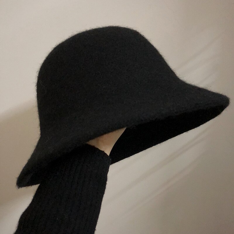 Efterår vinter uld spand hat kvinder vintage fisker hatte alsidig kasket forår filt hat 6 farver foldbar: Sort