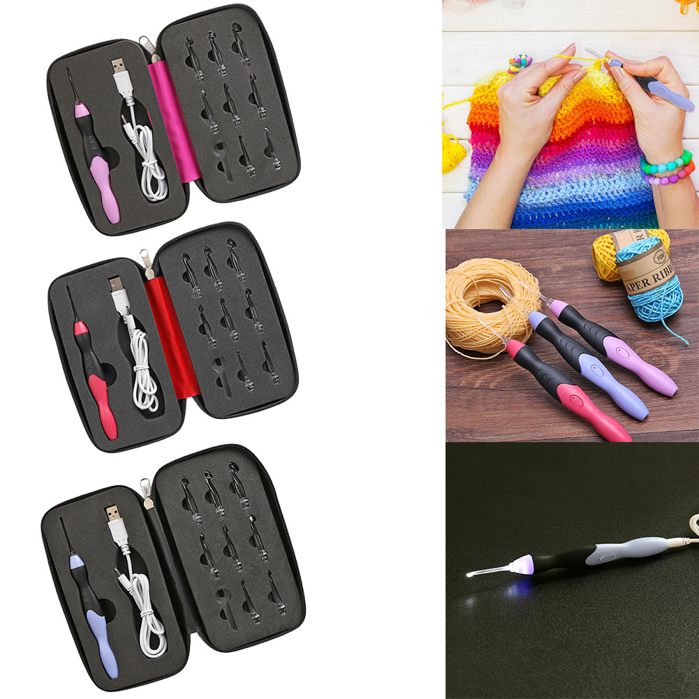 Agujas de ganchillo gancho tejer iluminadas USB 9 en 1, suéter, Utensilios de costura, LED, juego de herramientas de costura