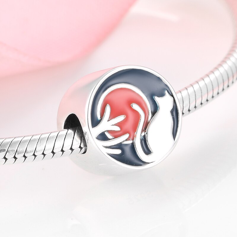 nuovo 925 sterlina d'argento autunno raccolto Gatto tramonto Dello Smalto Pendenti E Ciondoli Misura Branelli Originale JIUHAO Braccialetto Monili che fanno