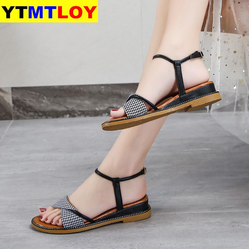 Dam sandaler snörning platt spänne sandaler tofflor dam högklackat tofflor runda huvuden sandaler festskor storlek 35-40