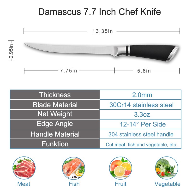 Couteau à désosser à lame tranchante couteau de cuisine en acier à haute teneur en carbone pour le filage de poisson: 7.7inch