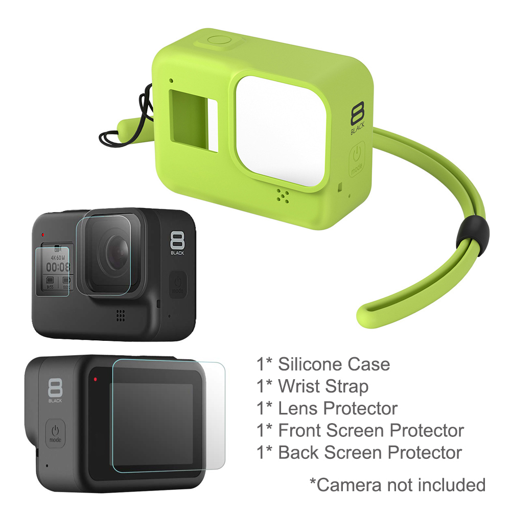 Voor Gopro 8 Accessoire Kit Zachte Siliconen Case Huid Beschermende Shell Behuizing + Lens & Lcd Screen Protector Voor Go pro Hero 8 Zwart: Green