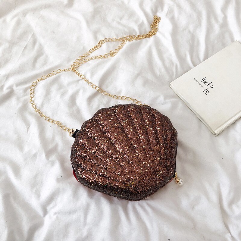 Bolso de mano con cadena de piel sintética para mujer, bolsa pequeña con de conchas oceánicas, color rosa, ideal para ir de compras o viajar, NSG158: brown
