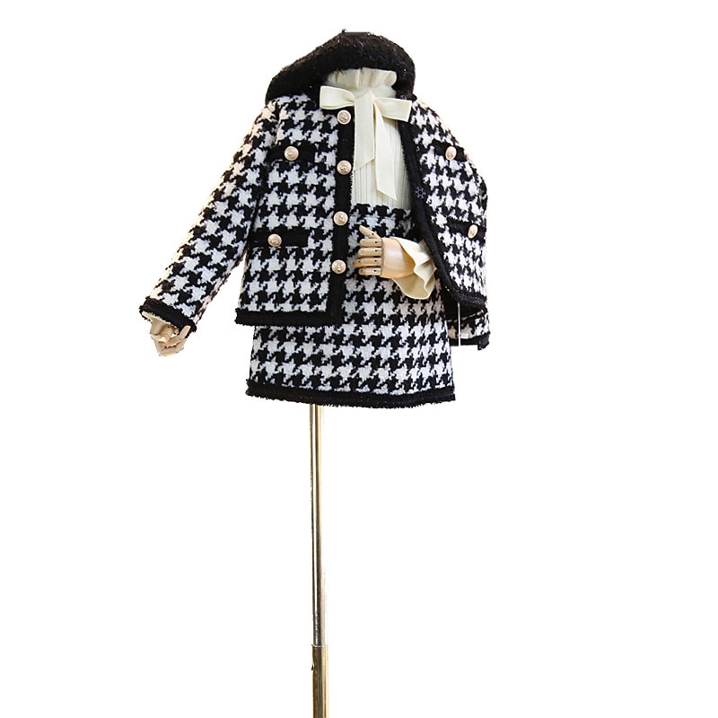 Tjejset höst retro rutig tweed kostymer kortärmad kort kappa midikjol kostym söt outfit 2 st barnkläder