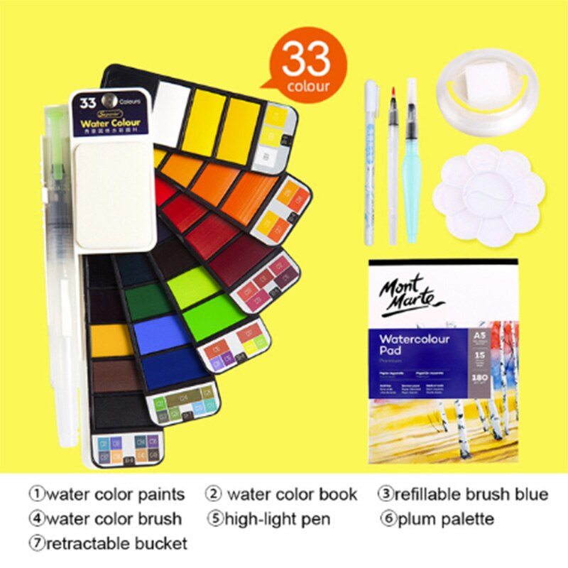 18/25/33/42 solid akvarel maling sæt med vandbørste pen foldbar rejse vand farve pigment til tegning: 33 farver med 6 gaver