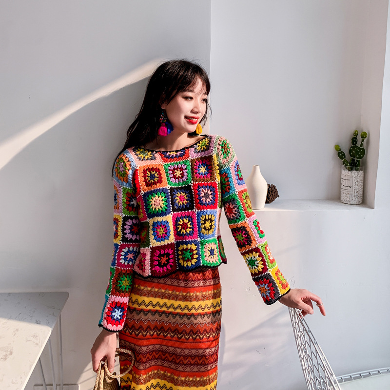 Boho Inspired Crochet knitted sweater women long sleeve square pattern sweater pullover for women autumn witner cute sweater