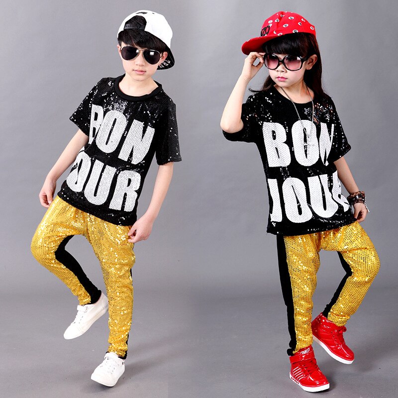 Boy Girl Hip Hop Dance Wear Mordern Jazz Hip-Hop Top &amp; Harem Pants Child Hip Hop Dance Costumes: yellow / XS
