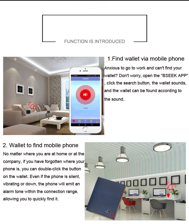 Bluetooth anti-perte alarme portefeuille APP anti-perte portefeuille d'affaires portefeuille en cuir porte-monnaie intelligent anti-perte portefeuille suivi
