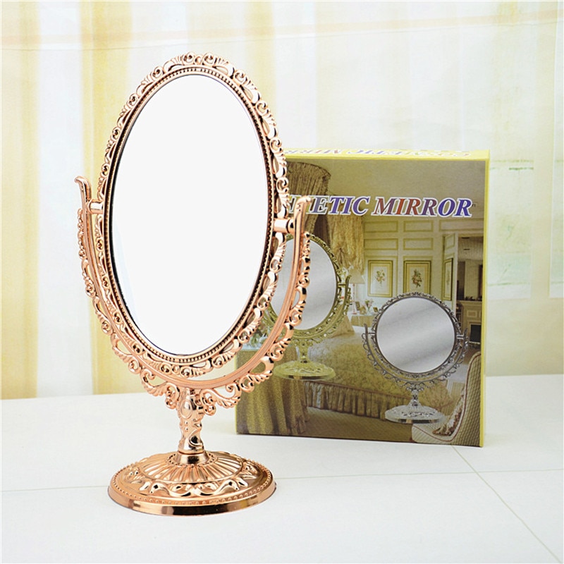 Cosmetische Spiegel Licht Luxe Retro Europese Make-Up Spiegel Desktop Draaibare Spiegel Dubbelzijdig Tafelblad Ovale Spiegel
