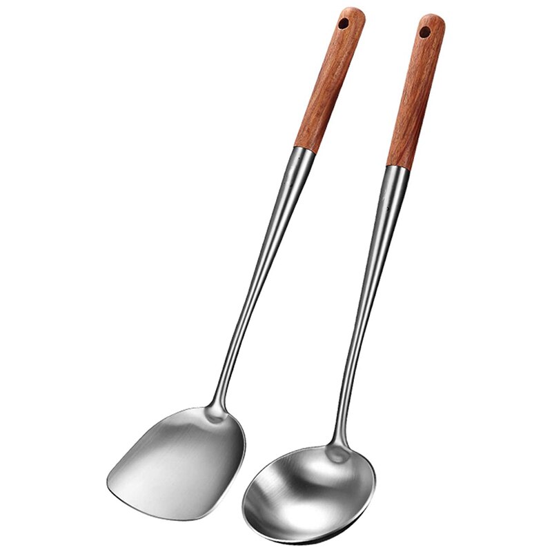 2 stk redskaber køkken wok spatel jern og øse værktøjssæt 17 tommer spatel til wok rustfrit stål wok spatel køkken bar værktøj: Default Title