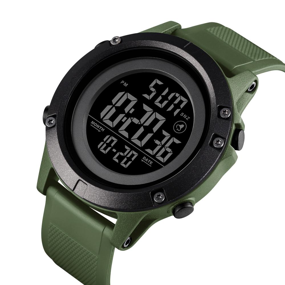 Skmei sport herenhorloge 50m waterdicht alarm 12/24 uur klok led licht pu armband digitaal polshorloge relogio masculino 1508: Zwartgroen