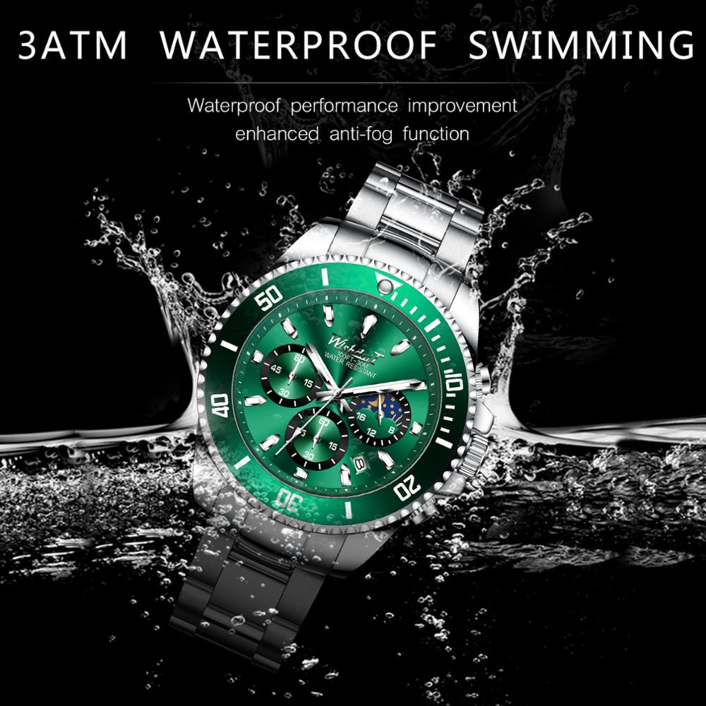 WISHDOIT-nuevos relojes para hombre, lujosos, a la , luminosos, a prueba de agua, cronógrafo, fase lunar, calendario, reloj de cuarzo de acero inoxidable