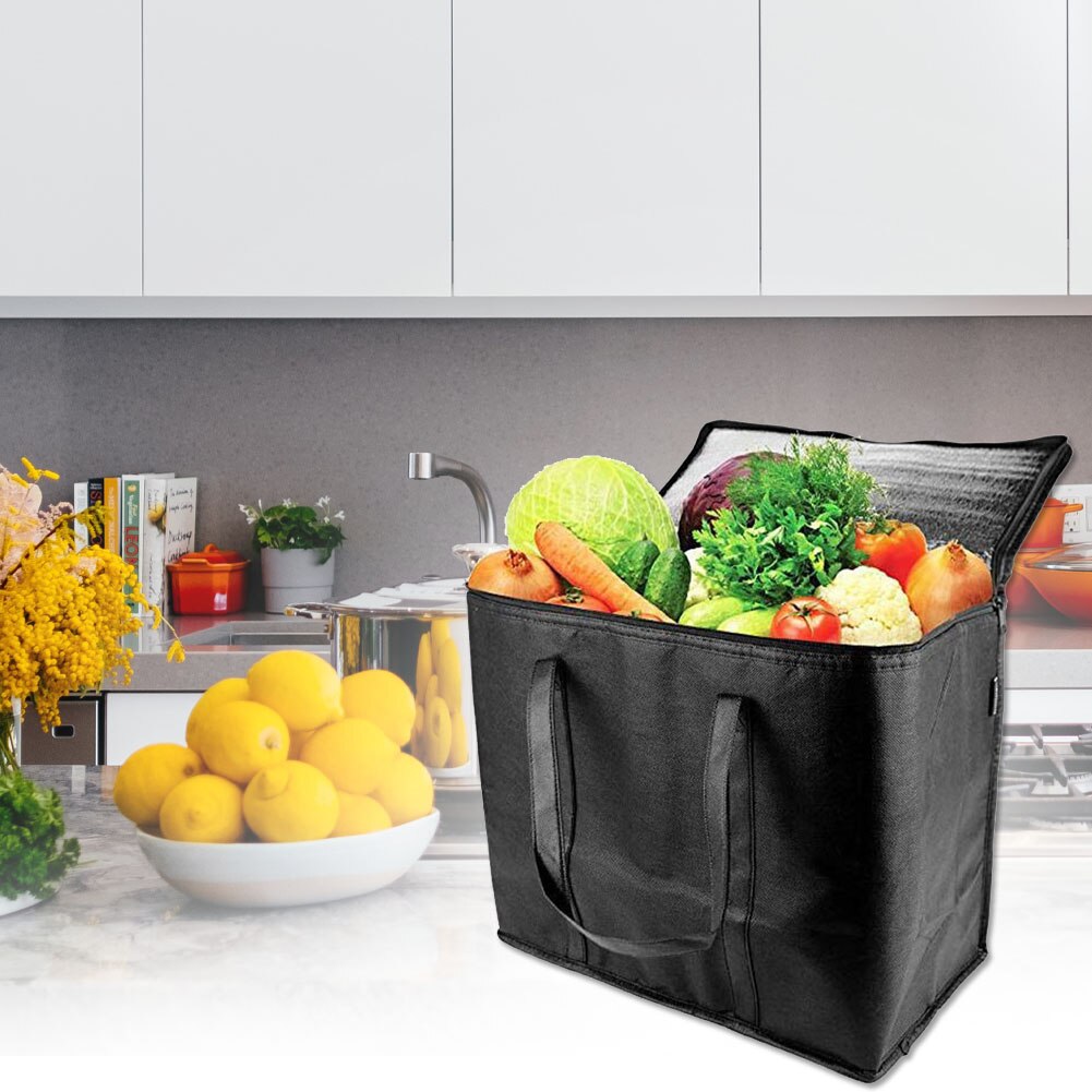 2pcs Washable Zipper Closure Durable Foldable Reusable Free Standing Insulated Grocery Bags Storage Non-woven Large Capacity