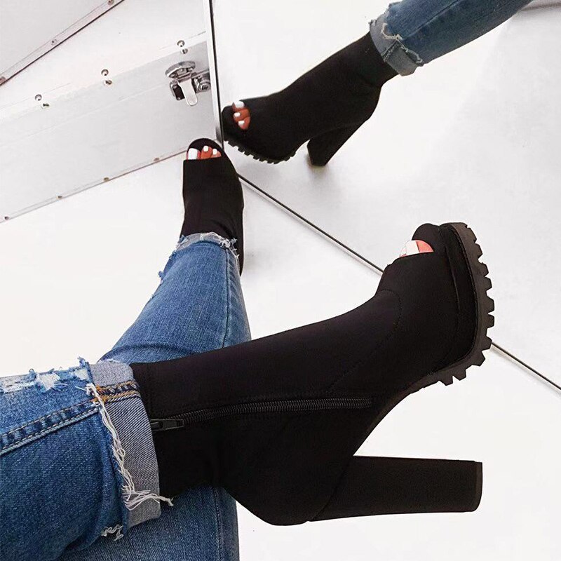 Rouge nouvelles bottes femmes serpent motif Zip bottines automne femme Peep orteil épais talons hauts dames plate-forme chaussures directe: black / 41