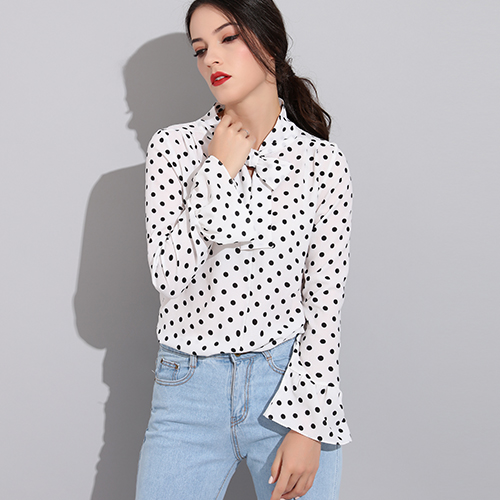 Blusa de manga larga con lunares para otoño, camisa de color blanco con lazo para mujer, de Trabajo Ropa, oficina,: XL