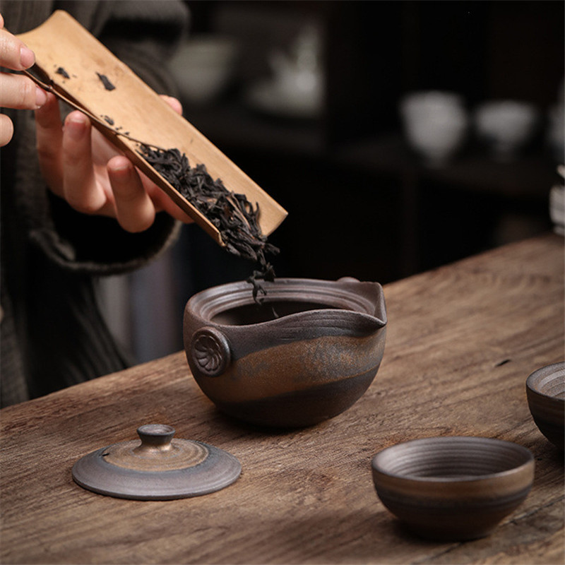 Ceramic Handmade Tea Set Including 1 Pot + 2 Cups Retro Teapot Pottery Office Teacup Travel Portable Kung Fu Kettle