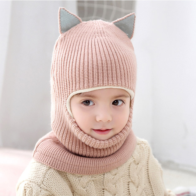 Conjunto de bufanda con orejas de gato para niño y niña, gorro tejido para bebé, conjunto de bufanda, gorro de terciopelo y protección para el cuello, a prueba de viento, Invierno: light