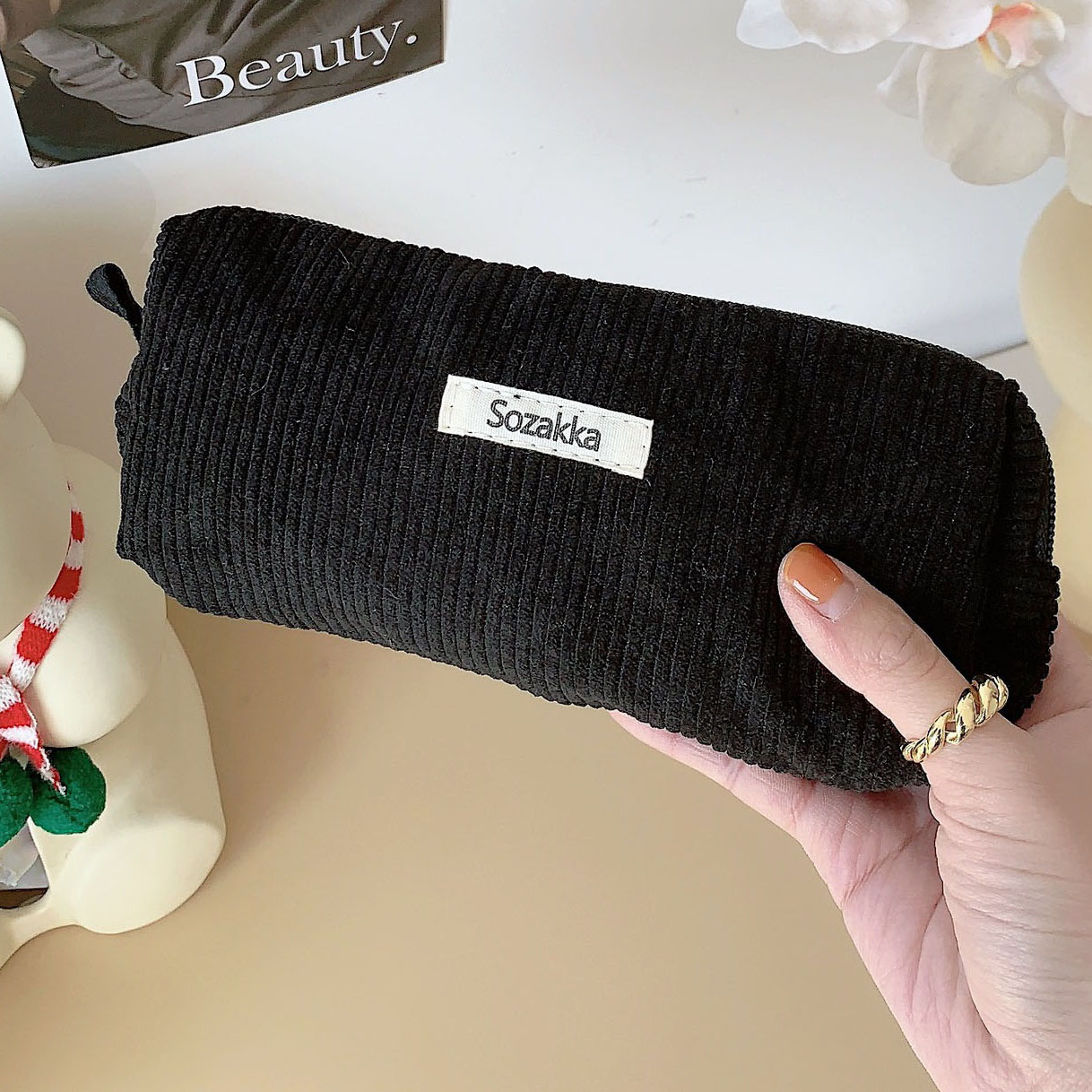 Women Large Cosmetic Bag Corduroy Cloth Girl Makeup Pouch Hand Travel Bag Lipstick Organizer Cases Zipper Clutch Phone Purse: Pink