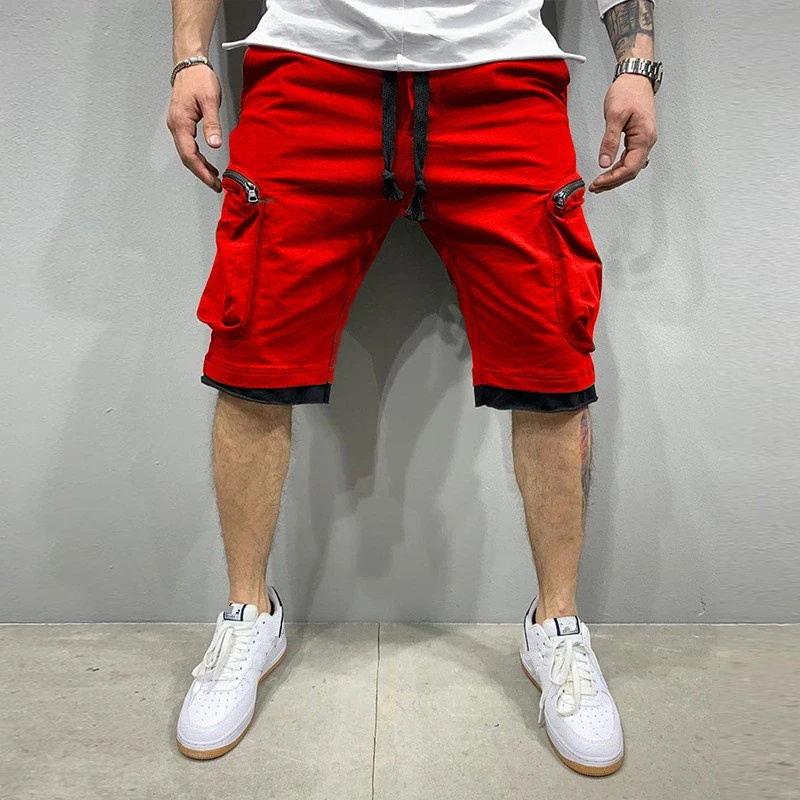 Calça de moletom solta masculina, calçsom curtas para corrida, streetwear esportivo de Fitness, bolso múltiplo, novidade verão,: L / Rød