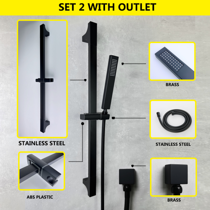 Ensemble de barre coulissante 1/2/3 fonctions laiton ABS plastique douche à main noir mat acier inoxydable barre réglable accessoires de salle de bains: Set 2 with Outlet