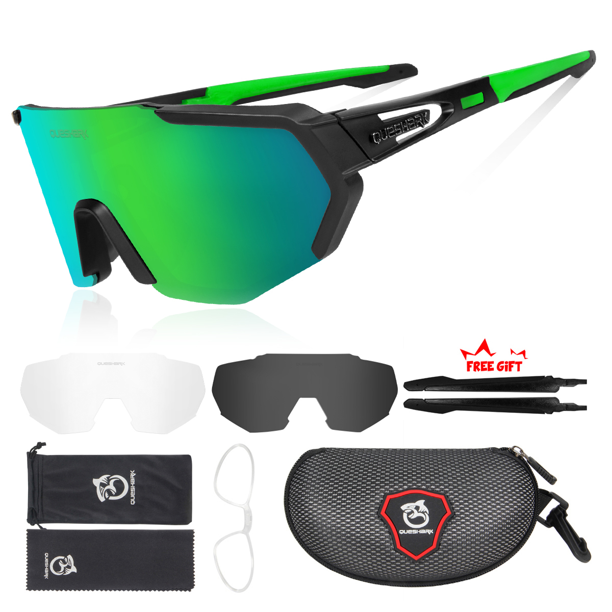 QUESHARK mujeres hombres polarizadas 3 lentes conjunto ciclismo gafas de sol deportes MTB bicicleta gafas montar bicicleta de carretera gafas QE42: Rojo