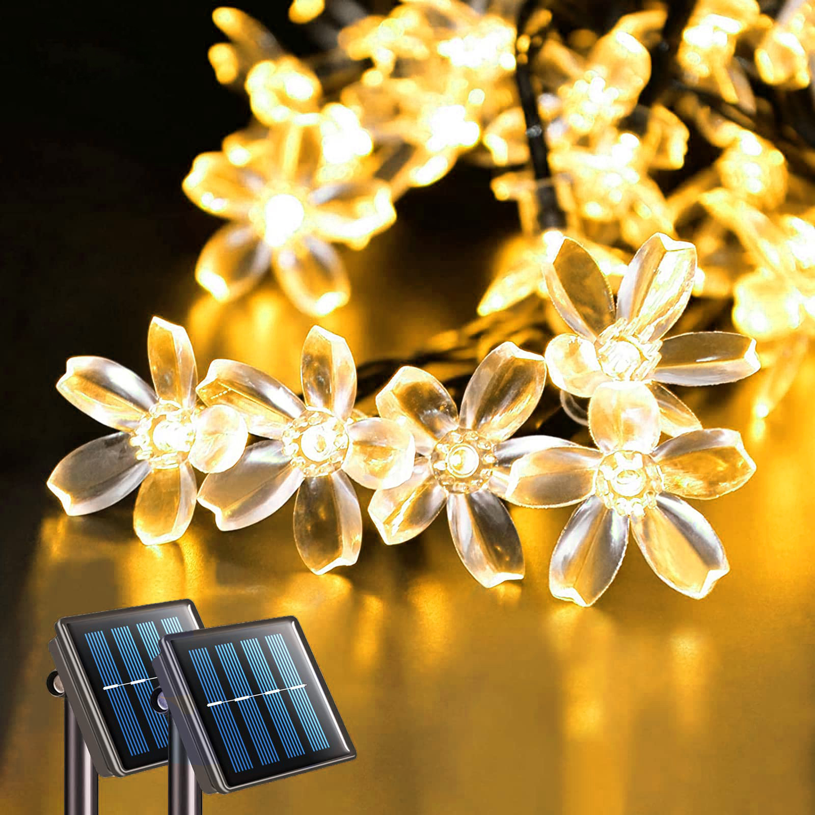 Cour extérieure solaire fée lumières fleurs de cerisier chaîne éclairage lampe pour jardin arrière-cour pelouse clôture Patio décor de noël: Sunny Jaune / 0-5W