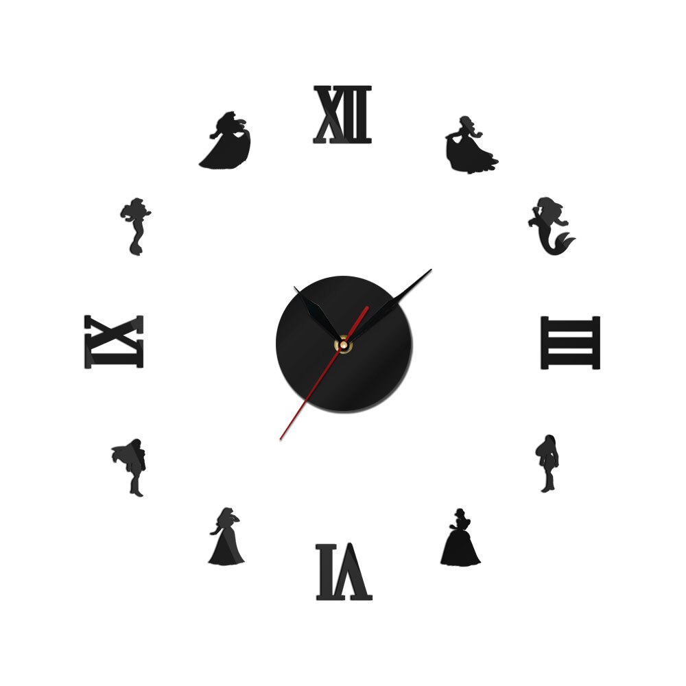 Mermaid &amp; Prinses Diy Grote Wandklok Wandklok Fairytale Stijl 3D Spiegel Effect Muursticker Muur Horloge Meisjes: Black / 12  inch