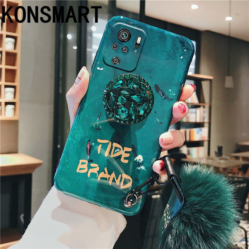 KONSMART For Xiaomi Redmi Note 10 Pro Case Silicone Rhinestone Holder With Hairball Cover Redmi Note10 Luxury Soft Phone Cases: Redmi Note 10 4G