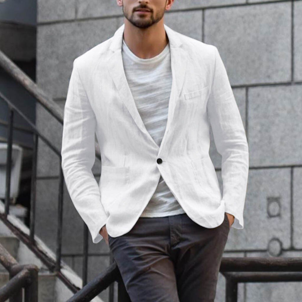 Chaqueta de negocios de lino para hombre, chaqueta informal, abrigo ajustado, prendas de vestir, chaqueta de un solo pecho para hombre, abrigos de de talla grande: Blanco / XXXL