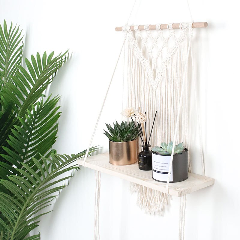 Macrame Hanging Planter Basket Wall Handmade Plant Hanger Pot Tassel Wooden Shelf Tapestry Apartment Dorm Room Decoration