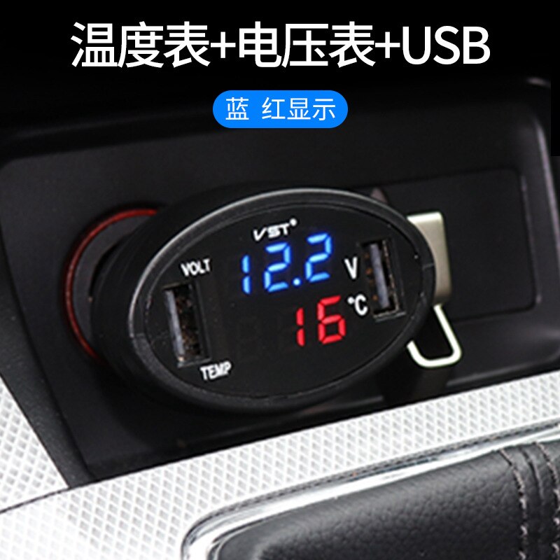 DC12-24V Universele Auto Doul Usb Charger Digitale Display Led Voltmeter Thermometer 3in1 Auto Accessoire Batterij Meter Monitor Panel: Blue Red