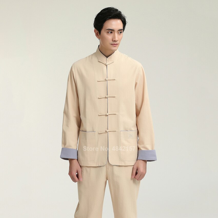 Tops Hanfu de estilo chino para hombres, traje Tang de manga larga de lino, chaqueta, uniforme de Tai Chi, ropa Wushu, camisas Vintage, cuello levantado: Color1 / M
