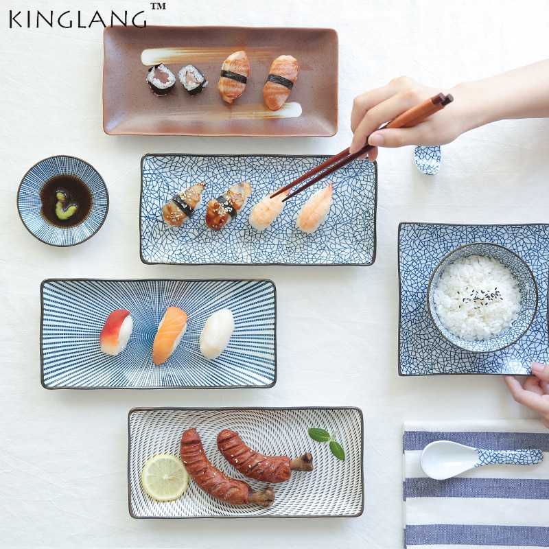 Japansk hengfeng blå og hvid keramisk lang sushi tallerken porcelæn fiskefad til bbq restaurant