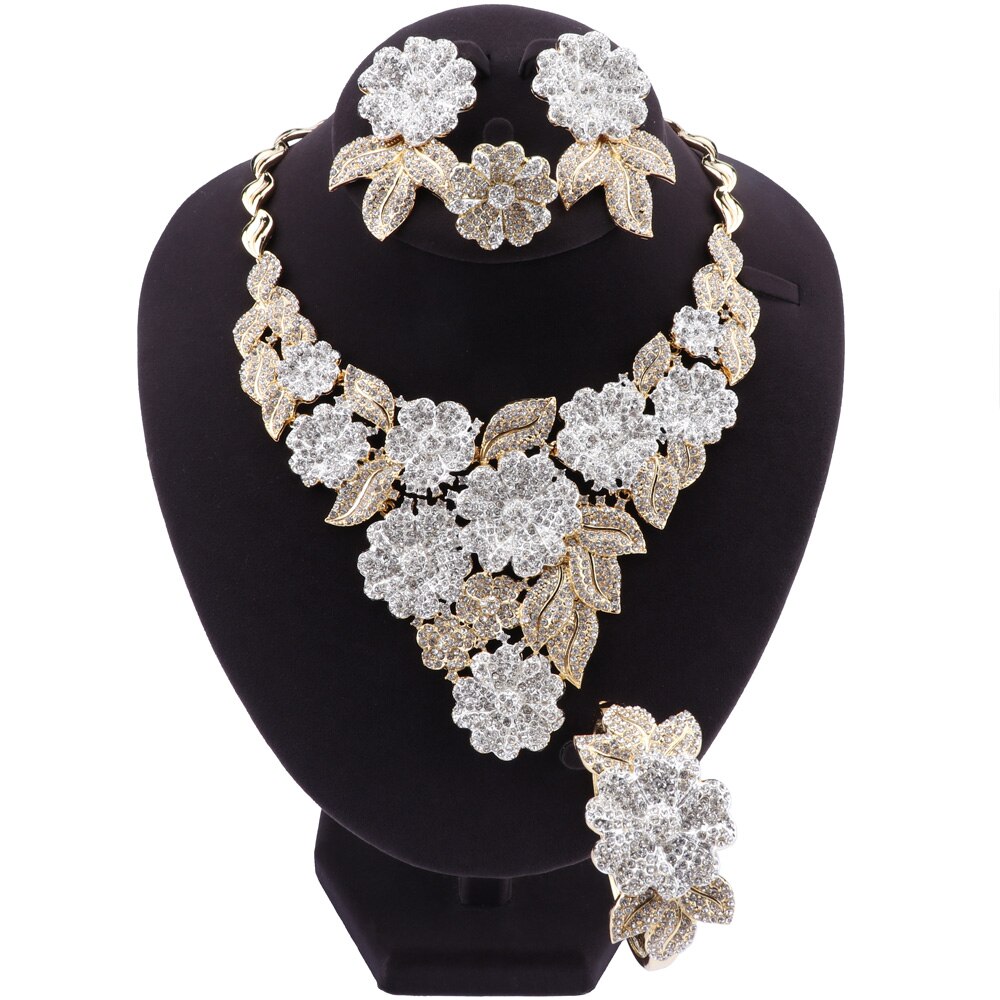 Nigérian mariage mariée africaine couleur or fleur en forme de bijoux ensemble Dubai cristal collier Bracelet boucles d'oreilles ensemble de bagues pour les femmes: multi