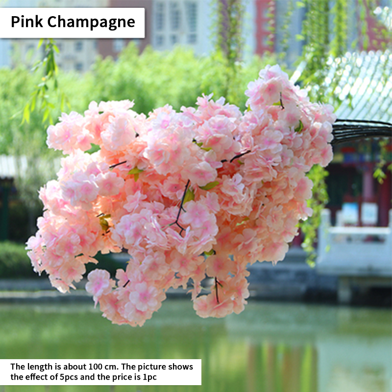 Artificial Cherry Blossom Pink White Cherry Tree Silk Flower Spring Cherry DIY Bonsai Arch Wedding Props Home Decoration: Champagne