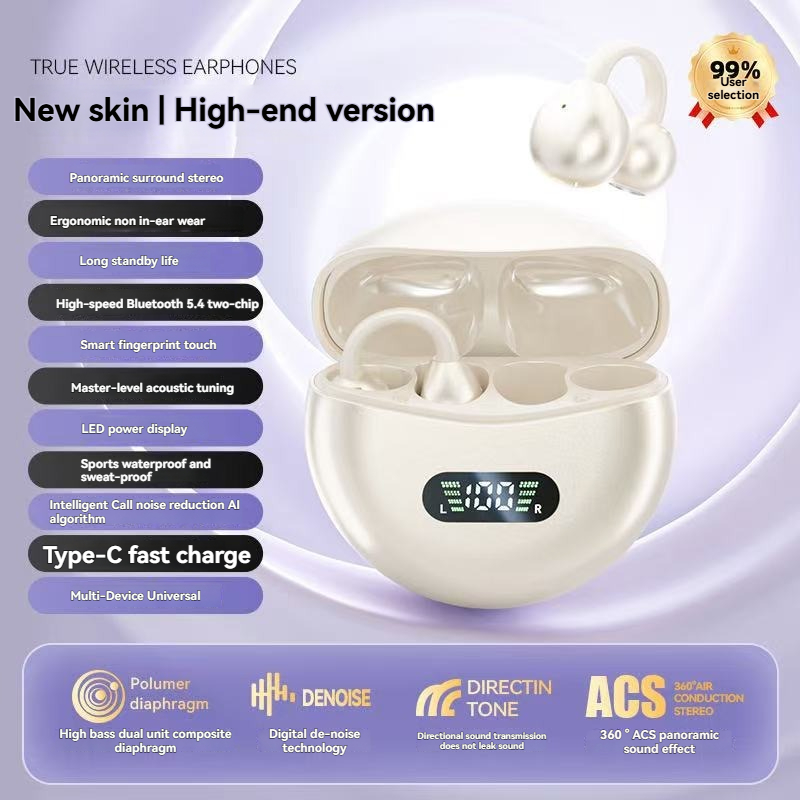 Open Ear Clip Wireless Headphone Blue Tooth 5.4 Earbuds Sports Waterproof Earphones HD Call With Charging Case LED Power Display: WHITE
