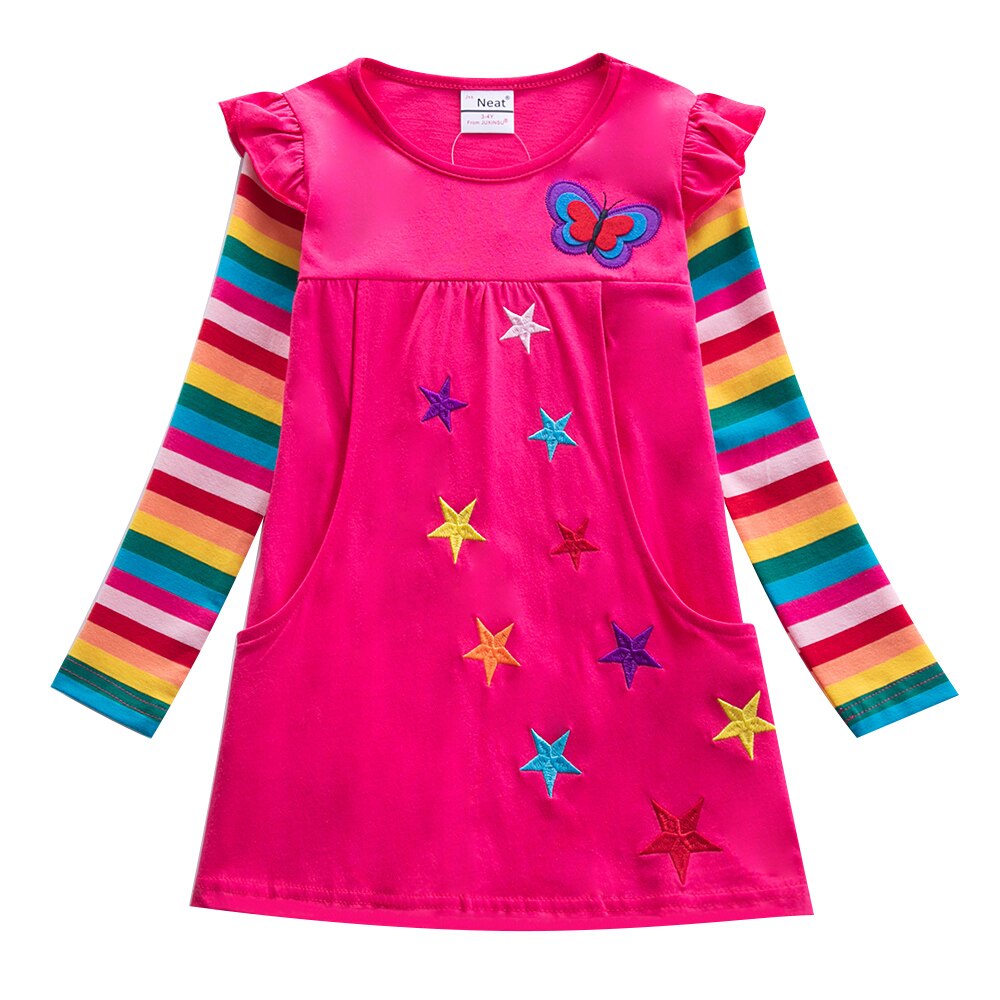 Robe brodée à manches longues pour filles, Style d'automne, deux poches, arc-en-ciel, manches rayées, en coton, LH5809: LH5809 fuchsia / 6-7Y
