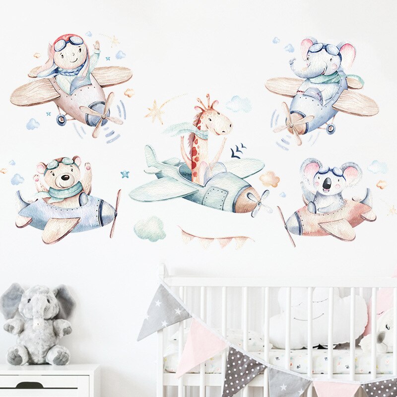 Cute Animal Pilot Wall Stickers for Boys room Decor Removable Kids room Nursery Wall Decor Wallpapers Home Decoration Decals