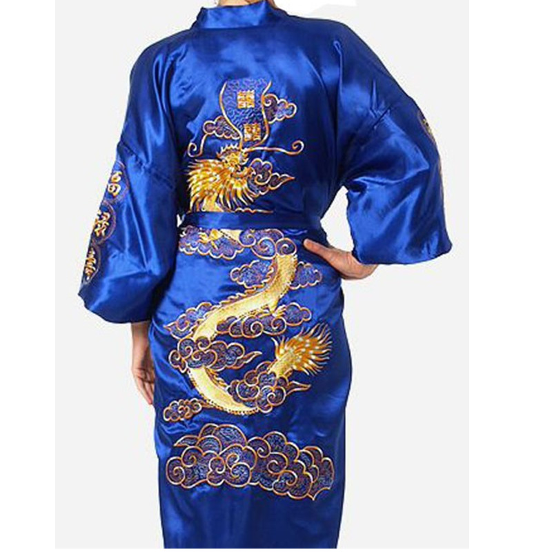 Marineblaue chinesische Herren-Kleid aus Satin- und Seide, Stickerei, Kimono-Badekleid, Drachengröße S, M, L, XL, XXL, XXXL, S0008