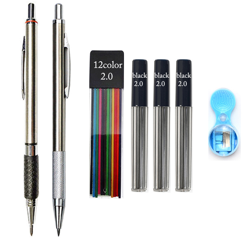 Lápiz mecánico retráctil de Metal/plástico, bolígrafo de 2mm de recambio 2B para la escuela de dibujo de bocetos, color negro, 2,0: Castaño