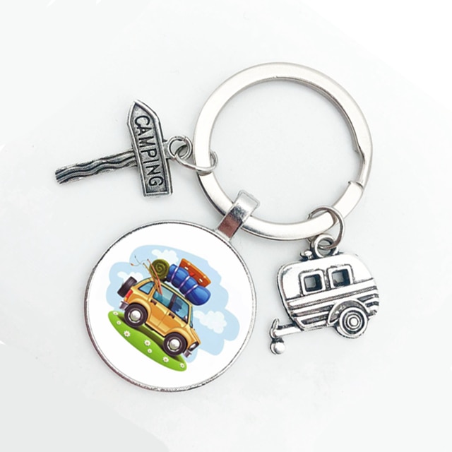 Cute Camper Wagon Keychain, I Love Camping Keychain, Trailer Signpost Keychain, Vacation Travel Memorial: 7