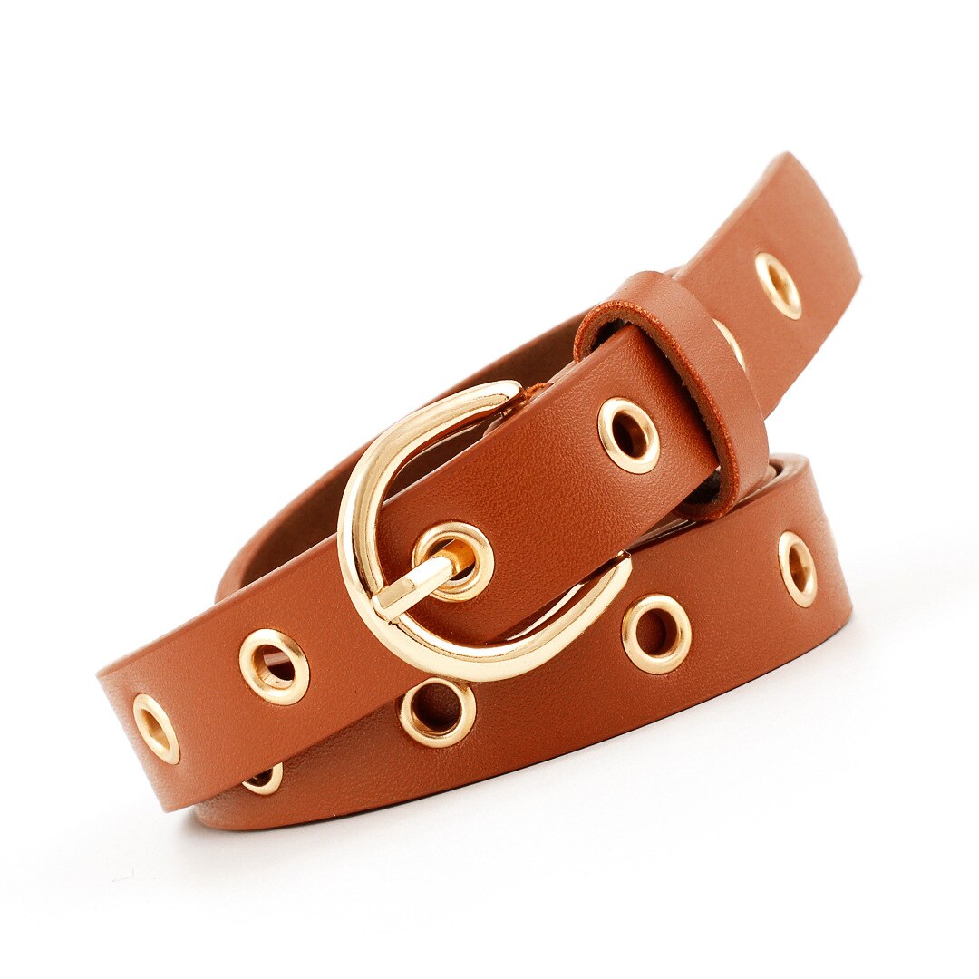 Cinturón de cuero con agujeros de ojal para mujer, cinturón ajustable con ojal fino y estrecho