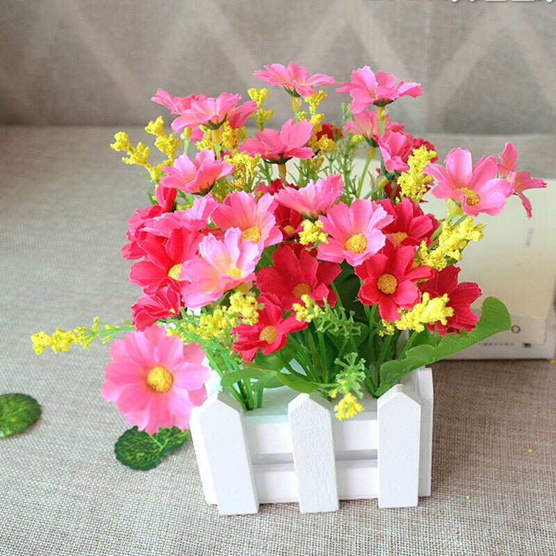 1 sett tregjerdevase + blomsterrose og tusenfryd silke kunstige blomster hjemmedekorasjon hageinnredning bursdag: B