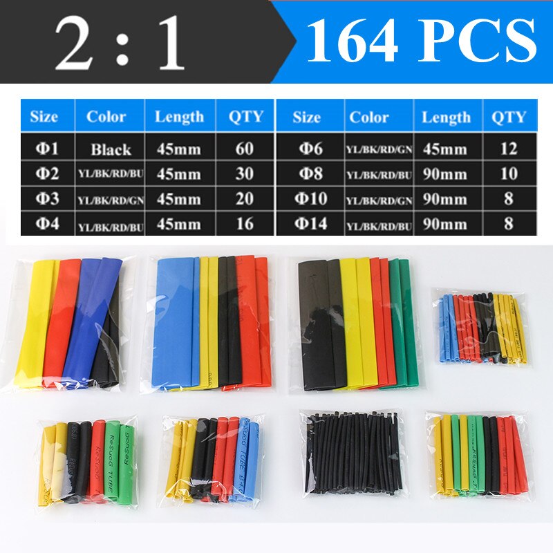 2：1 Shrinking Tubing Assorted Wire Cable Insulation Sleeving,Thermoresistant Tube Heat Shrink Wrapping Kit: 164pcs color Bagged