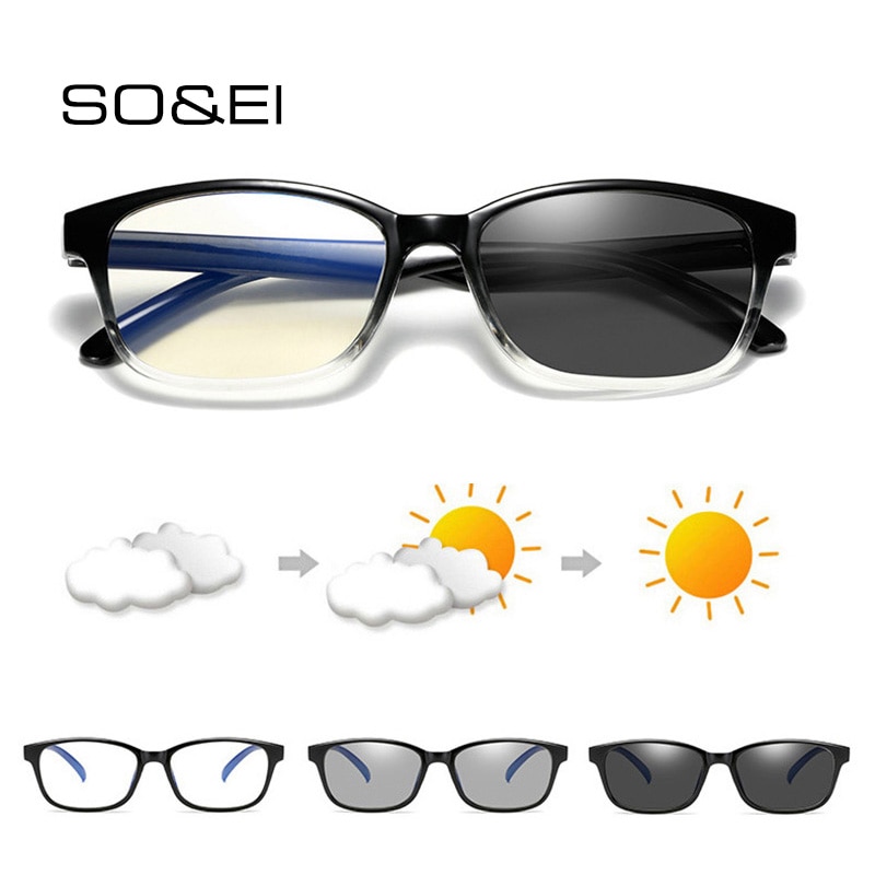 SO&EI Smart Color-changing Anti-blue Light Glasses Square Men Women Photochromic Gray Lens Glasses Outdoor Shades UV400 Eyewear