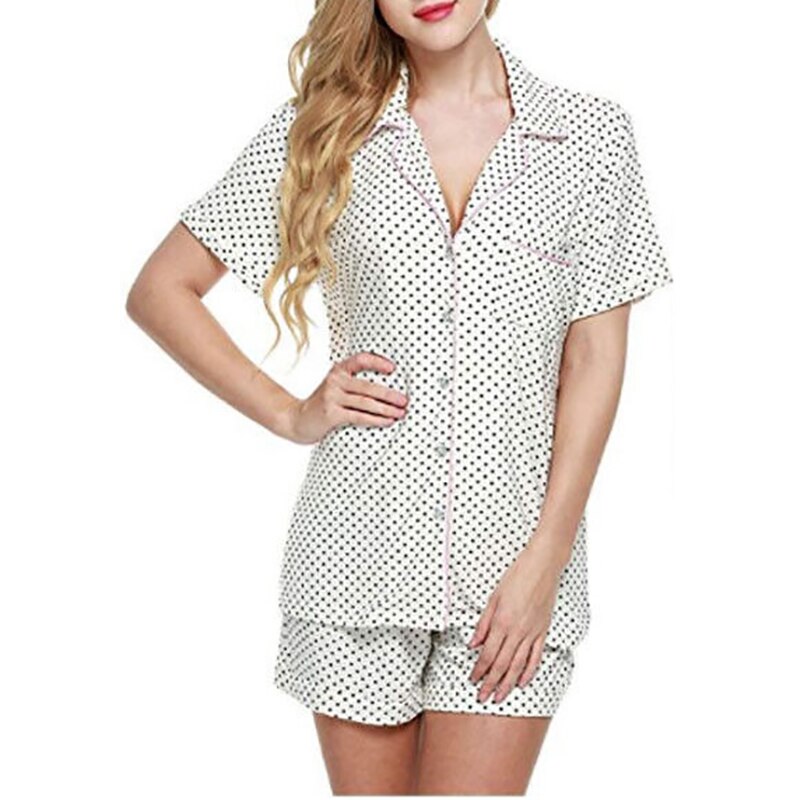 Afslappet kvinder løse pyjamas sæt prik print sommer korte ærmer skjorter+bukser nattøj nattøj kvinde pyjamas hjemmetøj robe
