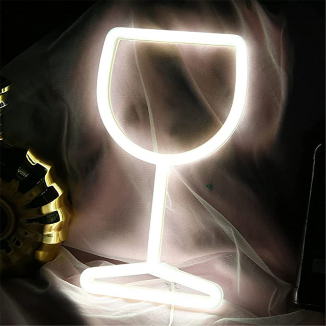 Enseigne lumineuse LED en verre de vin, néon, bol à vin, lampe murale suspendue, veilleuse lumineuse, USB, Bar à piles, de décoration pour la saint-valentin: White