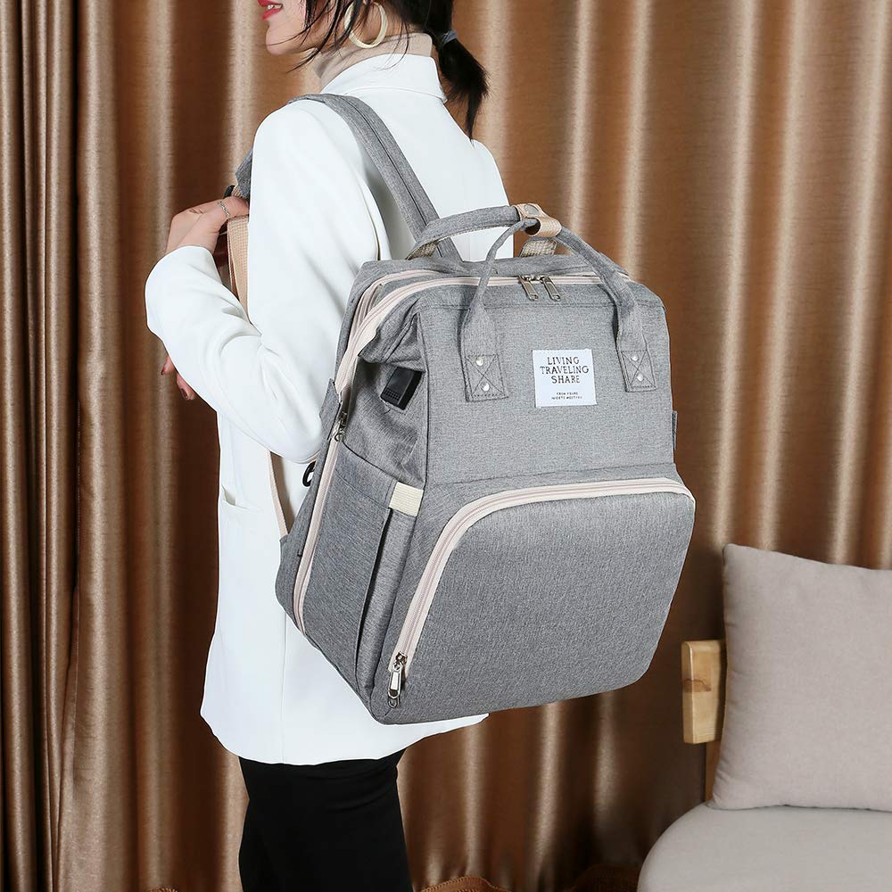 Bolsa de pañales 3 en 1, mochila con cuna plegable automática, portátil, impermeable, de gran capacidad, con puerto USB
